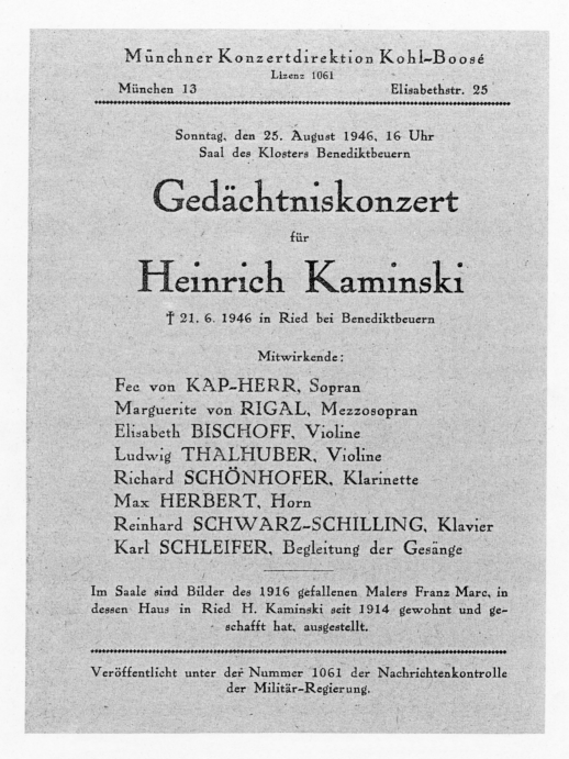 Plakat der Münchener Konzertdirektionzum Kohl-Boosé für das Kaminski-Gedächniskonzert am 25.8.1946 in Benediktbeuern