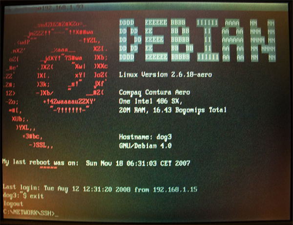Screenshot einer geschlossenen SSH Verbindung mit einem Debian Server